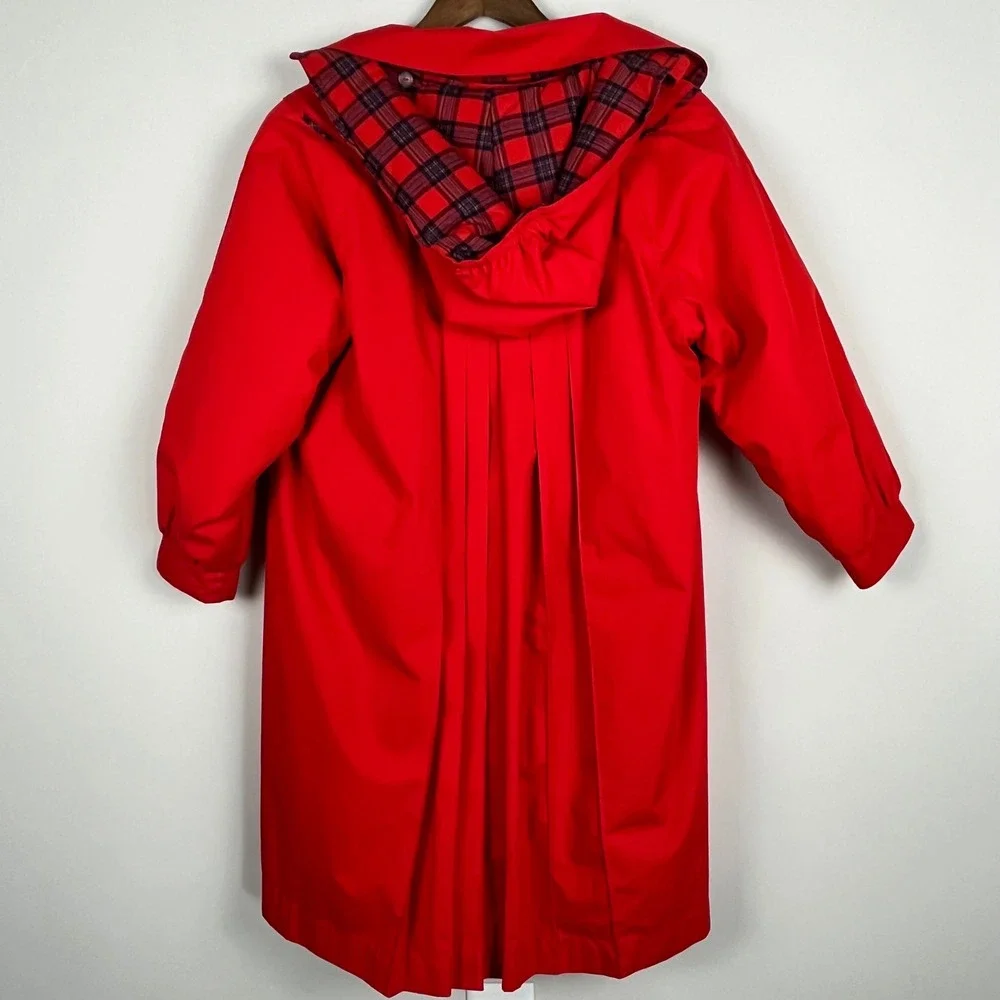 Rothschild Girls Red Hooded Dress Coat Plaid Trim Faux Fur Lined Size 12 Vintage